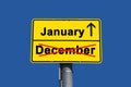 Yellow sign, with the word December crossed out in red below and above it the word Janua Royalty Free Stock Photo