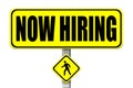 Yellow signboard with the words Now Hiring written