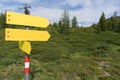 yellow signposts directions alpine mountains cloudy sky