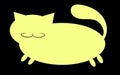 Yellow silhouette of a fat cat with a mustache, with short paws and a big snout with ears sticking upwards on a white background,