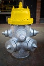 Yellow and silver fire hydrant on the street Royalty Free Stock Photo