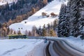 The snow-covered trees and hills and yellow ski bus at ski region Schladming-Dachstein, Styria, Austria, Europe
