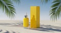 Yellow skincare serum bottle and box tropical beach scene Royalty Free Stock Photo