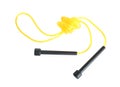 Yellow skipping rope with black handles isolated on white, top view Royalty Free Stock Photo
