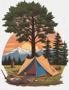 A yellow sleeping tent is set against a backdrop of trees and mountains Royalty Free Stock Photo