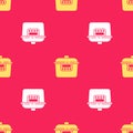 Yellow Slow cooker icon isolated seamless pattern on red background. Electric pan. Vector Royalty Free Stock Photo
