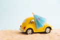 Yellow small car on beach and sand background. Vacation concept. Retro car vacation. Royalty Free Stock Photo