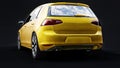 Yellow small family car hatchback on black background. 3d rendering. Royalty Free Stock Photo