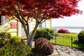 Yellow small home with water view and red maple. For sale.