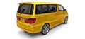 Yellow small minivan for transportation of people. Three-dimensional illustration on a white background. 3d rendering. Royalty Free Stock Photo