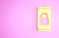 Yellow Smartphone with closed padlock icon isolated on pink background. Phone with lock. Mobile security, safety Royalty Free Stock Photo