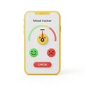 Yellow Smartphone Displaying a3D Mood Tracker App with Happy and Sad Emoticons and a Gauge Royalty Free Stock Photo