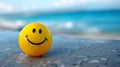 Yellow smiley ball emoticon on the sand at the seashore Royalty Free Stock Photo