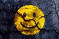 Yellow smiley face with broken cement wall, Happy smiley card concept illustration. ÃÂ¡haracter For web design or card,