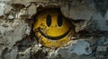 a yellow smiley face in a hole in a wall