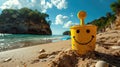 Yellow smiling bucket with spade on sunny beach. Royalty Free Stock Photo