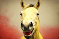 yellow smiling laughing horse with red painted muzzle and black eyes