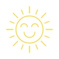 Yellow smiling sun line icon isolated on a white background.