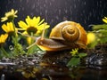 yellow snail and flower in the summer rain