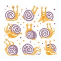 Yellow Snail With Purple Shell Different Poses Set Of Stylized Vector Flat Illustrations In Artistic Style