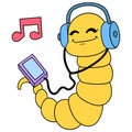 The yellow snake uses headphones to enjoy musical entertainment from a smartphone, doodle icon image kawaii