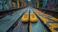 yellow sneakers on the wooden brige