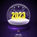 2023 yellow Snow globe on purple background. Merry Christmas and Happy New Year 2023. Realistic christmas snow globe with yellow Royalty Free Stock Photo