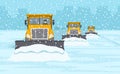 Yellow snow plow convoy clearing the highway. Winter driving conditions.