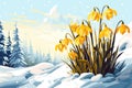 Yellow snowdrops emerge through snow. Wild spring crocus flowers. Late winter scene, illustration. AI Generated Royalty Free Stock Photo