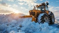 A yellow snowplow tractor clearing snow at sunset. Winter snow removal services and road maintenance Royalty Free Stock Photo