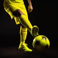 Yellow Soccer player kicker on black background kicking football with dramatic lighting.