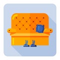 Yellow sofa. Blue slippers in the form of bunnies. Flat vector