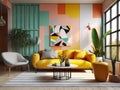 Yellow sofa and gray chair near wall with geometric shapes pattern. Postmodern memphis style interior design of modern living room