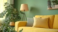 Yellow Sofa, Green Wall, Floor Lamp, Plants, Composition, Interior Design, Home Decor Royalty Free Stock Photo