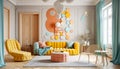 Yellow sofa and lounge chair in classic room with paneling walls. Colorful multicolor pop art playful interior design of modern Royalty Free Stock Photo