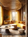 Yellow sofa in luxury art deco style interior design of modern living room with yellow curtains. Created with generative AI