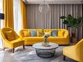 Yellow sofa in luxury art deco style interior design of modern living room with yellow curtains