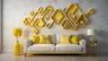 yellow sofa in modern living room with yellow geometric pattern on wall. generative ai Royalty Free Stock Photo