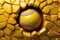 Yellow softball baseball ball breakthrough into the yellow wall. Team athletic sports Royalty Free Stock Photo