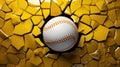 Yellow softball baseball ball breakthrough into the yellow wall. Team athletic sports Royalty Free Stock Photo