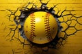 Yellow softball baseball ball breakthrough into the yellow wall. Team athletic sports Royalty Free Stock Photo
