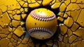 Yellow softball baseball ball breakthrough into the yellow wall. Team athletic sports