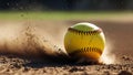A Yellow Softball in Motion, Creating a Dust Cloud on a Dirt Field Royalty Free Stock Photo