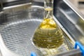Yellow solution in the flask for dissolving or extraction into ultrasonic bath. Urea analysis. Clinical, toxicological Royalty Free Stock Photo