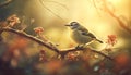 Yellow songbird perching on branch in sunlight generative AI