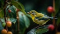Yellow songbird perching on green tree branch generated by AI