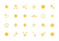 Yellow sparkle icons. Flash twinkle stars, set of flat glitter sparkles isolated on white background, magic spark symbols