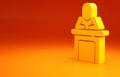 Yellow Speaker icon isolated on orange background. Orator speaking from tribune. Public speech. Person on podium