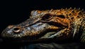 Yellow spectacled caiman teeth and eye in close up portrait generated by AI