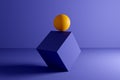 Yellow sphere or ball balanced at the edge of a cube geometric shape on blue background. Abstract 3D illustration Royalty Free Stock Photo